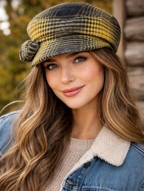 Yellow Black Plaid Cabbie Newsboy Hat Lined Bow Detail Midwest Fall Style OS